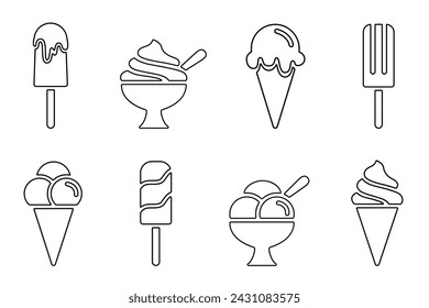 Conjunto de iconos de línea de helado, contorno negro sobre blanco. Bolas en cono de gofre, sundae de servir suave en vidrio, paleta en palo. Signo vectorial o logotipo png para diseño web, ilustración de bocadillo dulce de verano.