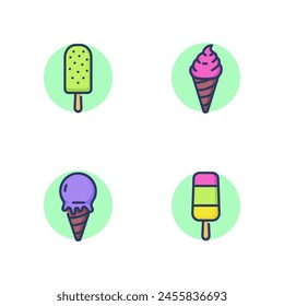 Ice cream line icon set. Fruit ice cream on stick, delicious soft cone, popsicle, sundae. Desserts concept. Vector illustration for web design and apps