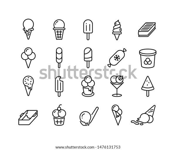 Ice cream line\
icons. Different types of frozen yoghurt parfait sorbet in form of\
ball in bucket on stick in cup. Vector illustration symbols ice\
cream sweet frozen food\
set