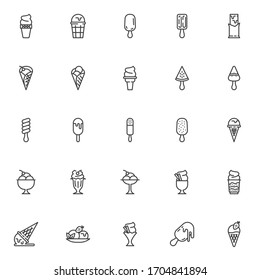 Ice cream line icons set. linear style symbols collection, outline signs pack. vector graphics. Set includes icons as sundae scoop, waffle ice cream cone, popsicle, fruit sorbet bowl, frozen treat