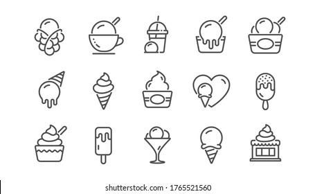 Ice cream line icons set. Frozen yogurt, Vanilla sundae, bubble waffle. Sweet dessert food, milkshake with ice cream, sundae icons. Smoothie drink, frozen coffee, sorbet wafer. Linear set. Vector