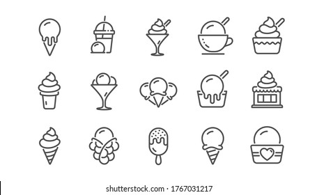 Ice cream line icons set. Bubble waffle, vanilla sundae, frozen yogurt. Sweet dessert food, milkshake with ice cream, sundae icons. Smoothie drink, frozen coffee, sorbet wafer. Linear set. Vector