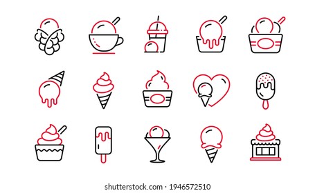 Ice cream line icons set. Frozen yogurt, Vanilla sundae, bubble waffle. Sweet dessert food, milkshake with ice cream, sundae icons. Smoothie drink, frozen coffee, sorbet wafer. Linear set. Vector