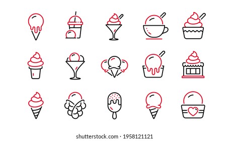 Ice cream line icons set. Bubble waffle, vanilla sundae, frozen yogurt. Sweet dessert food, milkshake with ice cream, sundae icons. Smoothie drink, frozen coffee, sorbet wafer. Linear set. Vector