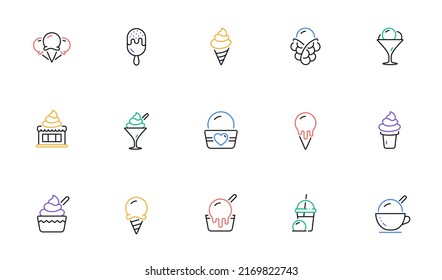 Ice cream line icons set. Bubble waffle, vanilla sundae, frozen yogurt. Sweet dessert food, milkshake with ice cream, sundae icons. Smoothie drink, frozen coffee, sorbet wafer. Vector