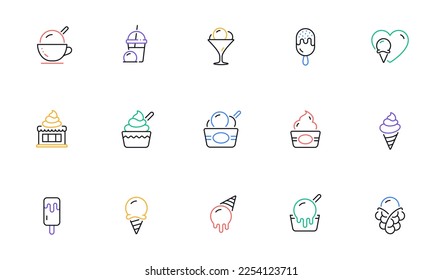 Icono de la línea de helado. Yogur congelado, vainilla sundae, gofre de burbujas. Dulce de postre, batido con helado, íconos de sundae. Beber suave, café congelado, wafer sorbete. Vector