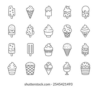 Conjunto de iconos de línea de helado. Sundae, vainilla, chocolate, cono, sorbete. Ilustración vectorial