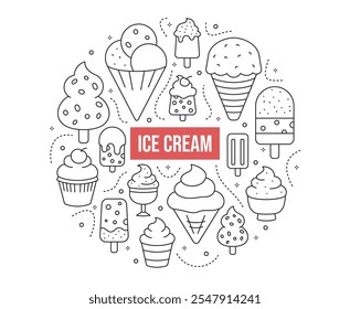 Conjunto de iconos de línea de helado. Sundae, vainilla, chocolate, cono, sorbete. Esquema de los símbolos de Vector en una composición circular.