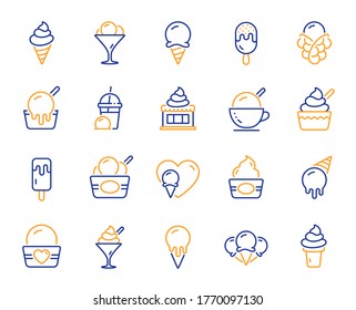 Ice-Creme-Zeilensymbole. Vanilla sundae, gefrorener Jogurt, Waffelblase. Süßes Dessert, Milchshake mit Eis, Sundae-Symbole. Smoothie-Getränk, gefrorener Kaffee, Sorbet-Wafer. Vektorgrafik