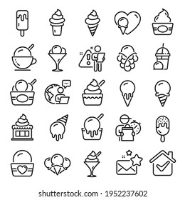 Ice cream line icons. Vanilla sundae, frozen yogurt, bubble waffle. Sweet dessert food, milkshake with ice cream, sundae icons. Smoothie drink, frozen coffee, sorbet wafer. Line icon set. Vector