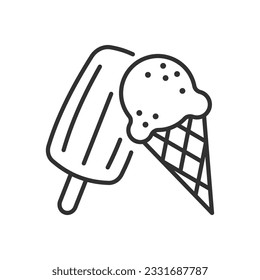 Ice cream, linear icon, ice-cream on a stick and in a cone. Line with editable stroke