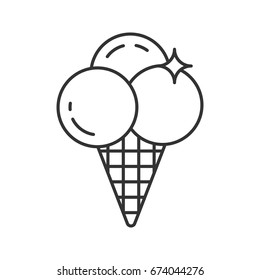 Ice cream linear icon. Thin line illustration. Ice cream balls in waffle cone. Contour symbol. Vector isolated outline drawing
