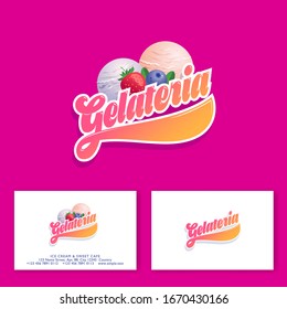 Ice Cream Logo. Beautiful Lettering With Two Scoops Of Ice Cream With Berries. Business Card.