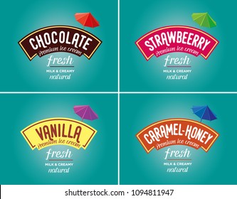 Ice cream logo & brand vector. Flavours and tastes. Strawberry, chocolate, caramel, honey, vanilla.