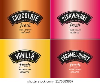 Ice cream logo & brand vector. Flavours and tastes. Strawberry, chocolate, caramel, honey, vanilla.