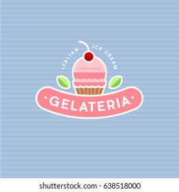 Ice cream logo. Ice cream cafe icon. Italian Ice cream emblem. Ice cream on a blue background.