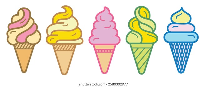 Ice cream logo clipart set. Colorful cone ice cream icon clip art in pictogram style vector illustration color pastel sweet dessert collection.
