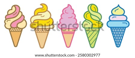 Ice cream logo clipart set. Colorful cone ice cream icon clip art in pictogram style vector illustration color pastel sweet dessert collection.
