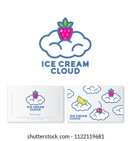 Ice cream logo. Ice cream cloud emblem. A cloud of ice cream and strawberry with letters on white background. Business card.