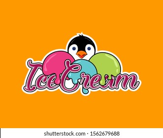 Ice Cream logo, cute penguin illustration