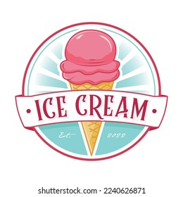 Ice cream logo design circular emblem in sweet color, Gelato logo design circle emblem in pink color