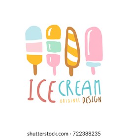 Ice cream logo design, element for restaurant, bar, cafe, menu, sweet shop, colorful hand drawn vector illustration