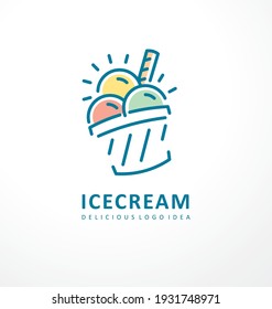 Ice cream logo design with tree scoops and colorful playful graphic. Kids friendly concept for tasty icecream dessert. Vector ice cream illustration.