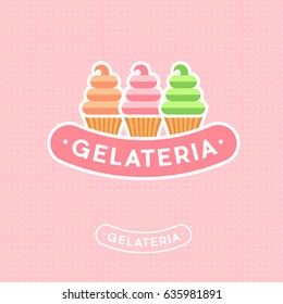 Ice cream logo. Ice cream Emblem. Italian gelato ice cream emblem. Three ice creams and letters on a pink background.
