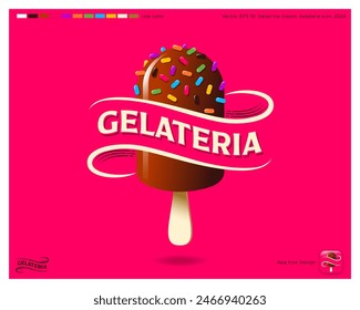 Ice Cream logo. Gelateria icon. Italian Ice Cream. Lettering and chocolate ice cream on stick with small candys.