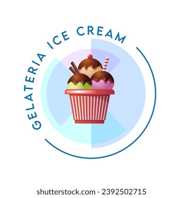 Ice cream logo. Gelateria sign. Striped bowl with ice cream scoops and chocolate and decors inside circle frame.