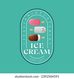 Ice cream logo. Gelateria sign. Color ice cream on a wooden sticks inside rounded frame.