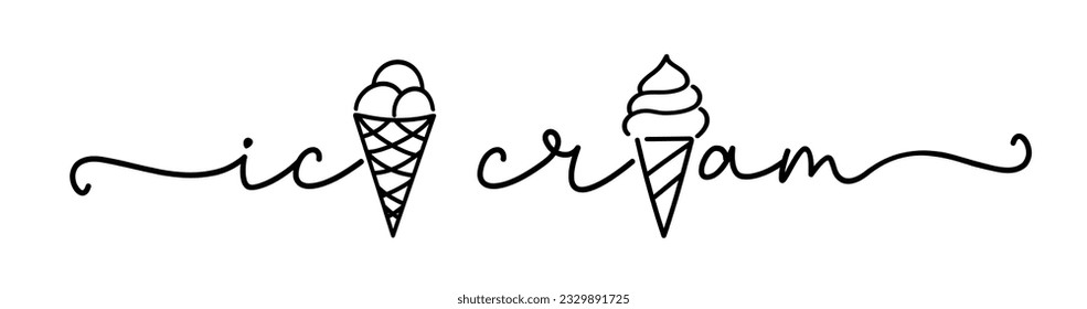 Ice cream logo with icons in the name. Typography, black letters isolated on white background. Vector type illustration. Ice cream, labels, stickers and badges. Hand drawn ice cream text and doodle.