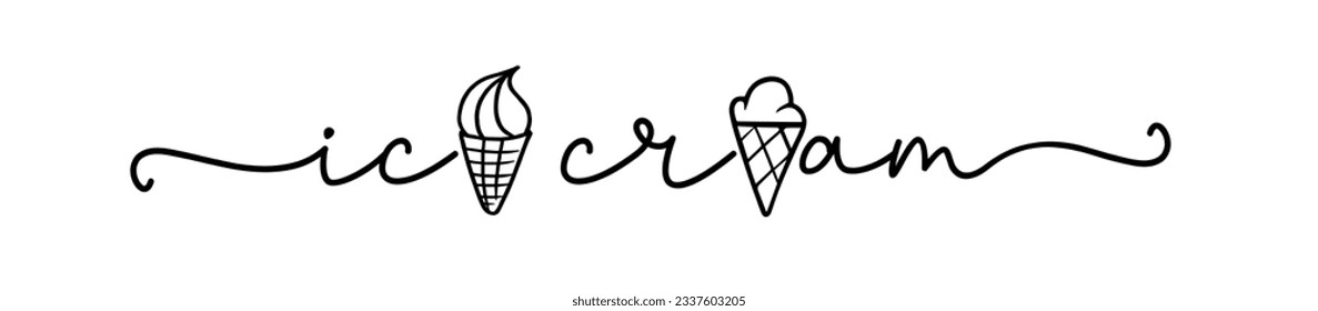 Ice cream logo with icons in the name. Typography, black letters isolated on white background. Vector type illustration. Ice cream, labels, stickers and badges. Hand drawn ice cream text and doodle.