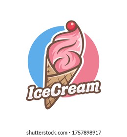 Ice cream logo illustration emblem with waffle cone in a circle shape cartoon flat design style isolated on white background.