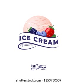 Ice cream logo. Letters on a ribbon and one scoop of ice cream with berries. Ice cream and strawberry, blueberries, blackberry and leaves. Monochrome option.