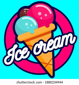 Ice cream logo in modern flat style.Ice cream in a waffle cone with letters in a circle. Vector illustration on a turquoise background
