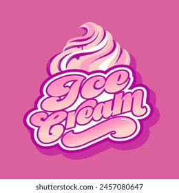 Ice Cream logo. Pink lettering with ice cream topping syrup.