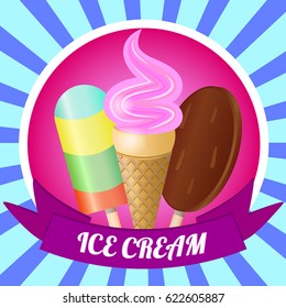 Ice cream logo with ribbon on blue starburst background. Ice cream cone, chocolate ice cream, fruit ice cream	