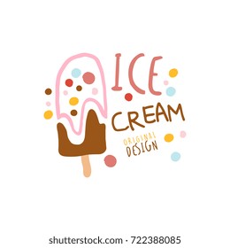 Ice cream logo template original design, element for restaurant, bar, cafe, menu, sweet shop, colorful hand drawn vector illustration