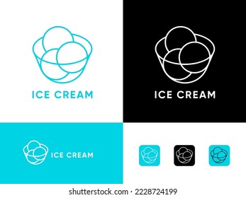 Ice cream logo. Three scoops of ice cream in glass bowl. Simple Icon from thin lines.