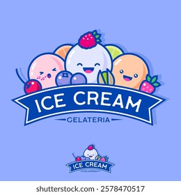 Ice cream logo. Three scoops of ice cream with berries, fruits and ribbon.