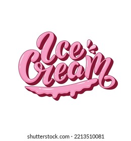 Ice Cream logo. Vector hand lettering. Volume glossy pink letters with melted elements. Delicious dessert. Creamy texture. Illustration for ice cream shop packaging banner poster flyer. Sweet. Dessert