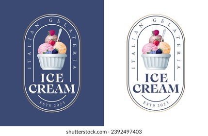 Logo de helados. Ilustración vectorial. Bola blanca con helados y bayas dentro de marco redondeado.