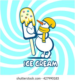 Ice cream. Logo. Vector illustration of snowman with ice cream on a bright background.