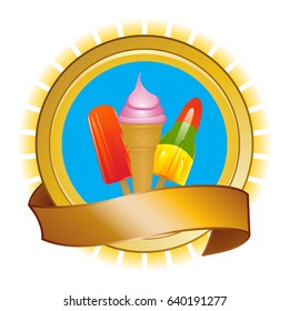 Ice Cream and Ice Lollies Over Golden Rounded Shield with Blank Banner