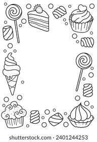 Ice cream, lollipops, cupcakes and other sweets. Background, coloring page, black and white vector illustration.