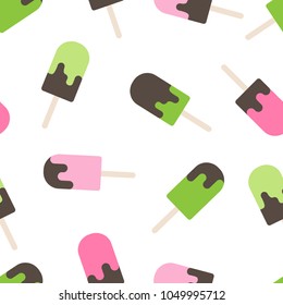 ice cream lolly seamless pattern on white background. Popsicle ice-cream on a stick with chocolate summer sweet ornament. Vector flat illustration.