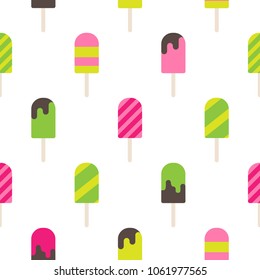 ice cream lolly seamless pattern on white background. Popsicle ice-cream on a stick with chocolate summer sweet ornament. Vector flat illustration.
