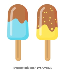 Ice cream. Ice lolly. A set of two desserts in blue and yellow colors. Vector illustration isolated on white background.
