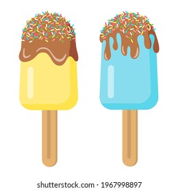 Ice cream. Ice lolly. A set of two desserts in blue and yellow colors. Vector illustration isolated on white background.
